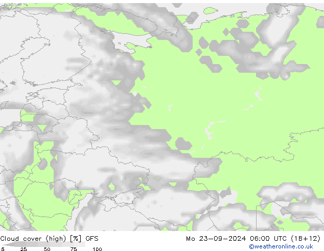 Cloud cover (high) GFS Mo 23.09.2024 06 UTC