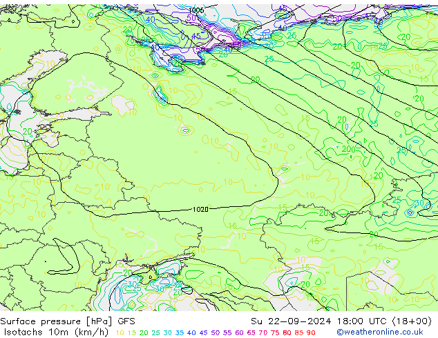 Isotachs (kph) GFS Ne 22.09.2024 18 UTC