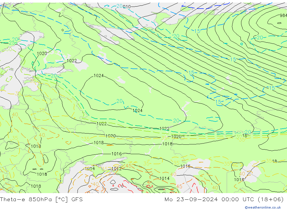 Theta-e 850hPa GFS Mo 23.09.2024 00 UTC