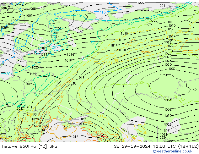 Theta-e 850hPa GFS Su 29.09.2024 12 UTC