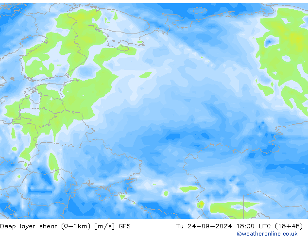 Deep layer shear (0-1km) GFS Tu 24.09.2024 18 UTC