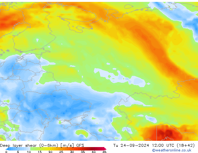 Deep layer shear (0-6km) GFS Tu 24.09.2024 12 UTC