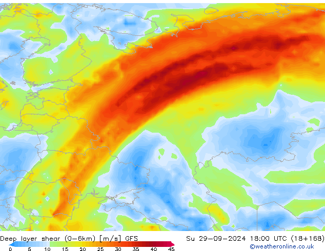 Deep layer shear (0-6km) GFS dim 29.09.2024 18 UTC