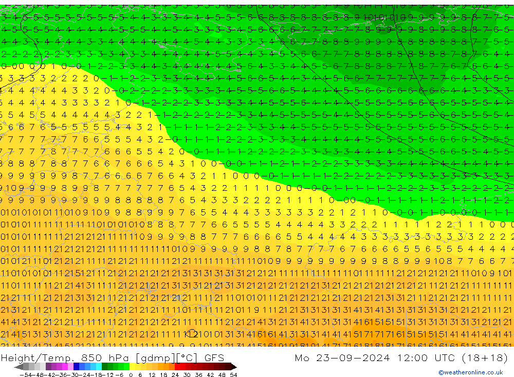 Height/Temp. 850 hPa GFS Mo 23.09.2024 12 UTC