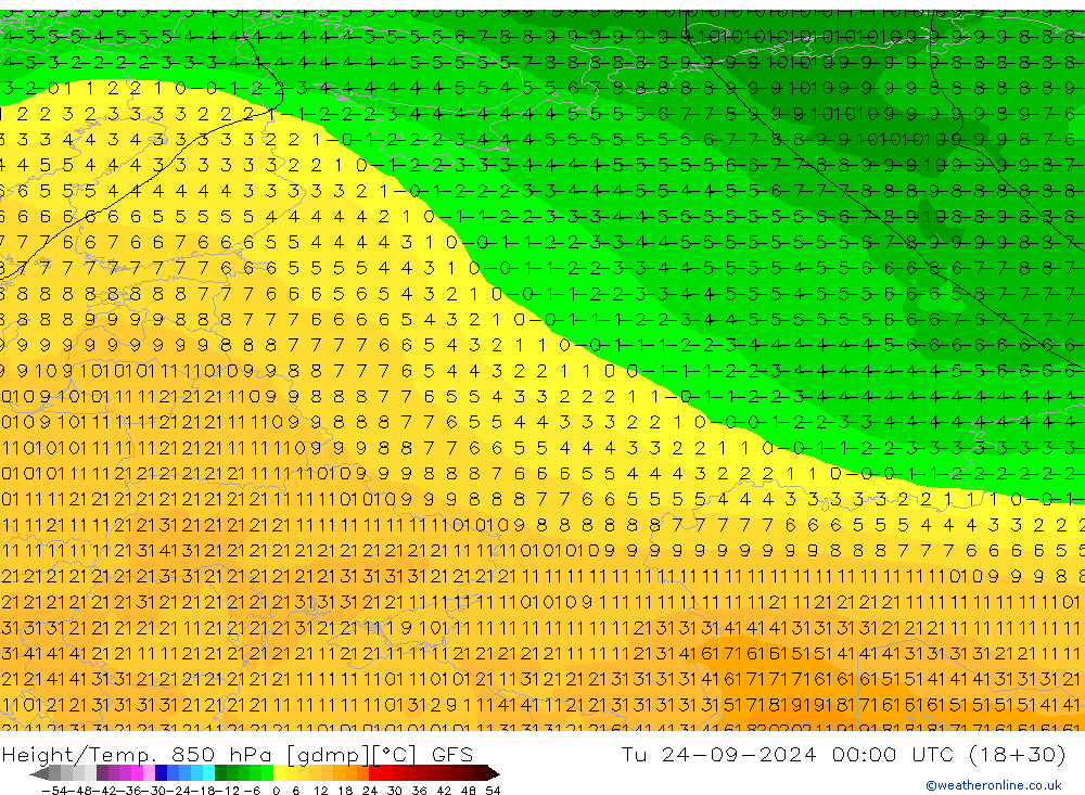 Height/Temp. 850 hPa GFS Tu 24.09.2024 00 UTC