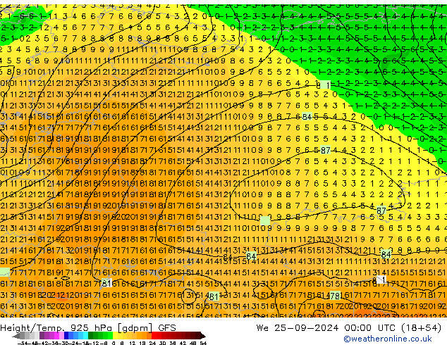 Height/Temp. 925 hPa GFS We 25.09.2024 00 UTC