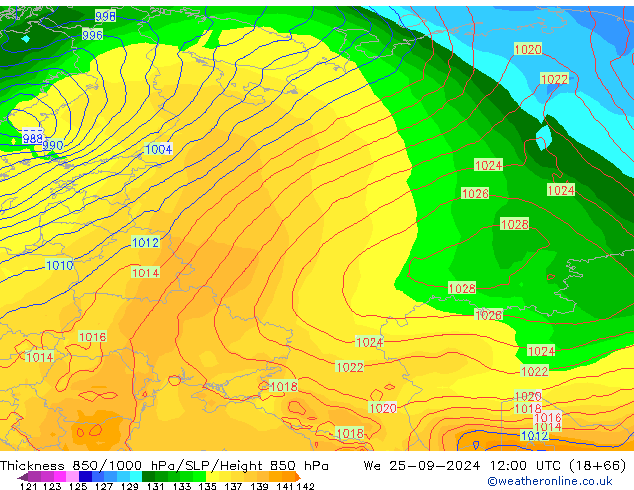 Thck 850-1000 hPa GFS We 25.09.2024 12 UTC