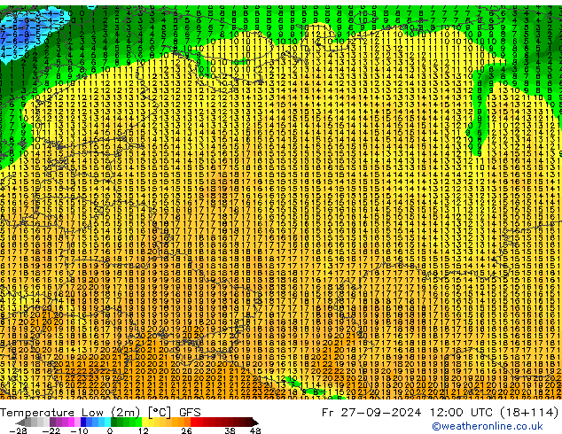 Nejnižší teplota (2m) GFS Pá 27.09.2024 12 UTC