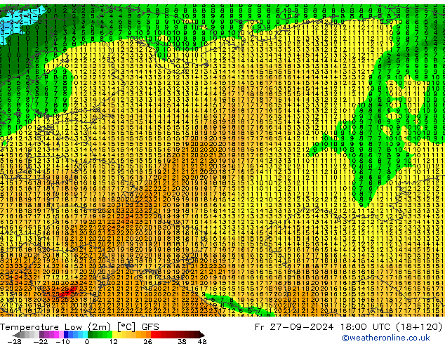 Temperature Low (2m) GFS Fr 27.09.2024 18 UTC