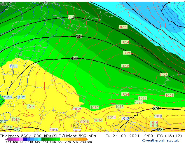 Schichtdicke 500-1000 hPa GFS Di 24.09.2024 12 UTC