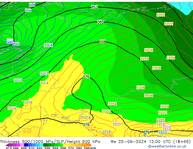 Thck 500-1000hPa GFS Qua 25.09.2024 12 UTC