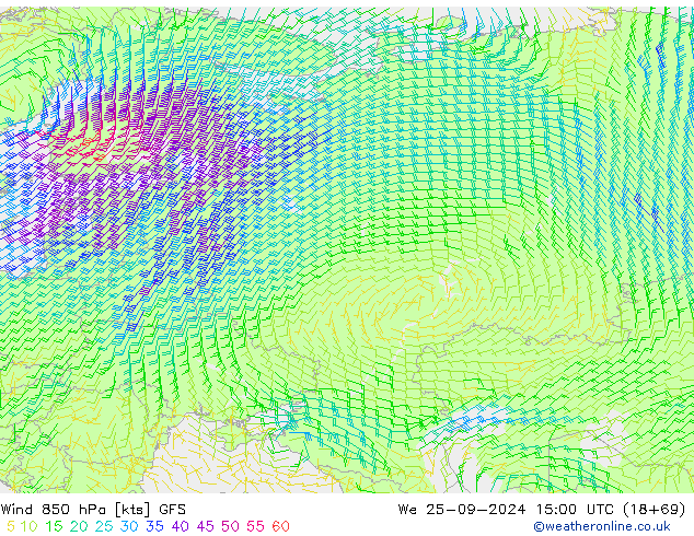 Rüzgar 850 hPa GFS Çar 25.09.2024 15 UTC