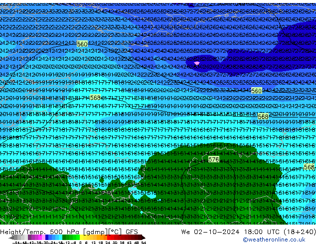 Height/Temp. 500 hPa GFS śro. 02.10.2024 18 UTC