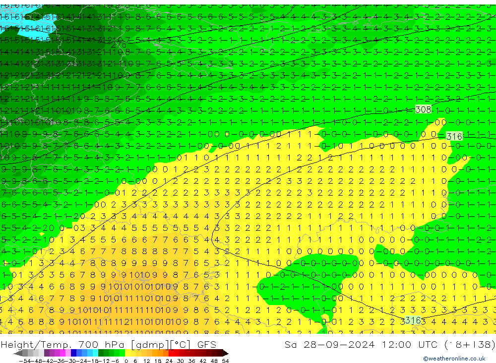 Height/Temp. 700 hPa GFS sab 28.09.2024 12 UTC