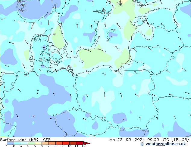 Vent 10 m (bft) GFS lun 23.09.2024 00 UTC