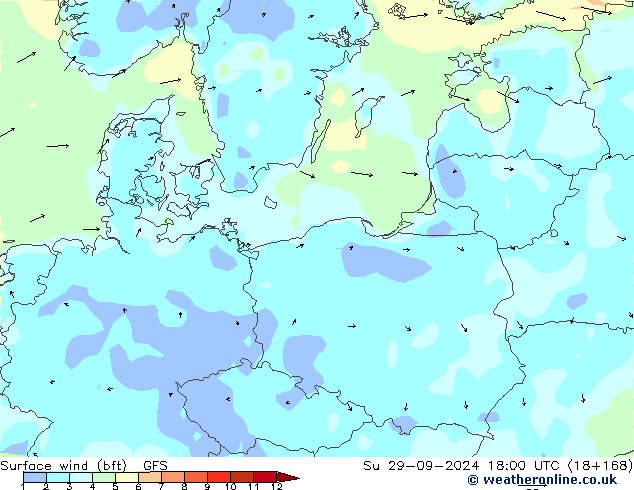 Wind 10 m (bft) GFS zo 29.09.2024 18 UTC