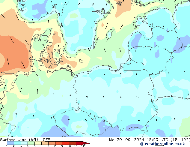 Rüzgar 10 m (bft) GFS Pzt 30.09.2024 18 UTC