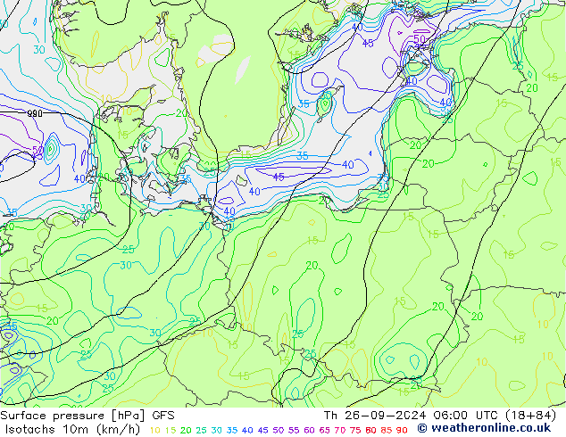 Isotachs (kph) GFS Th 26.09.2024 06 UTC