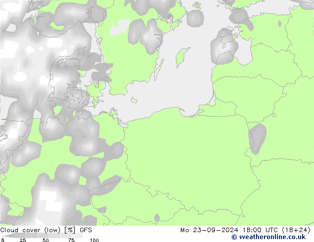 Cloud cover (low) GFS Mo 23.09.2024 18 UTC