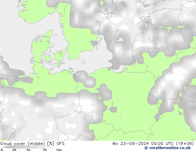 Chmura (wysokie,środk.,niskie) GFS pon. 23.09.2024 00 UTC