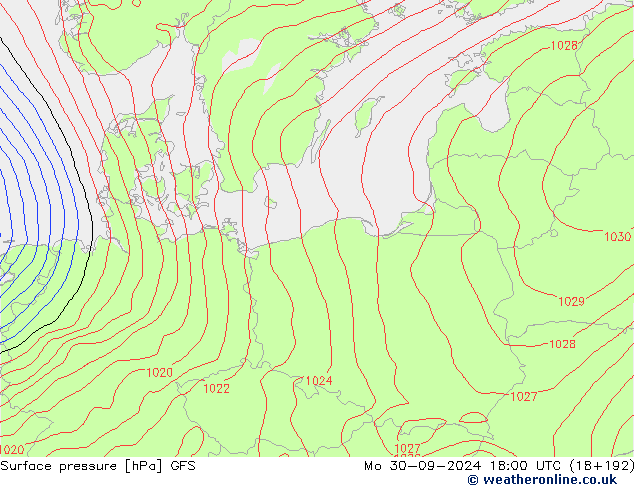 Atmosférický tlak GFS Po 30.09.2024 18 UTC