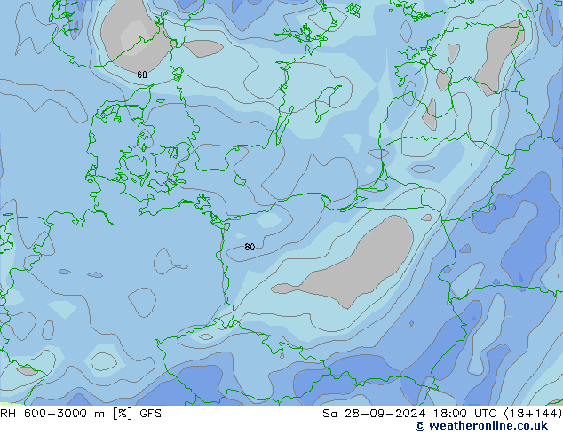 Humidité rel. 600-3000 m GFS sam 28.09.2024 18 UTC