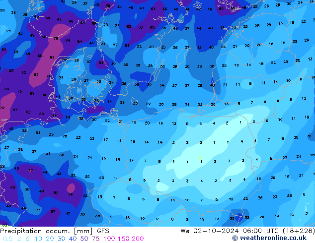 Precipitation accum. GFS We 02.10.2024 06 UTC