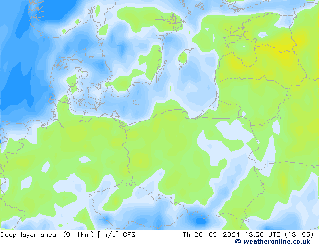 Deep layer shear (0-1km) GFS Čt 26.09.2024 18 UTC