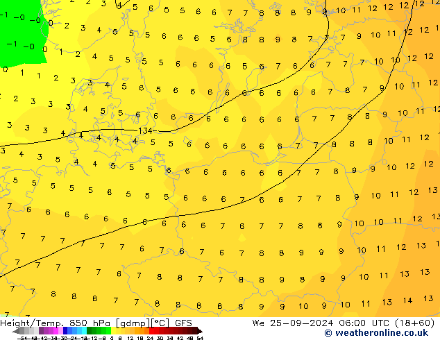 Yükseklik/Sıc. 850 hPa GFS Çar 25.09.2024 06 UTC