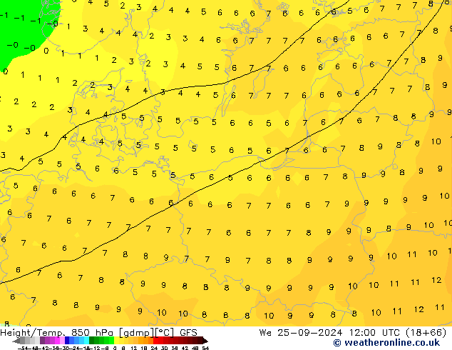 Height/Temp. 850 hPa GFS mer 25.09.2024 12 UTC