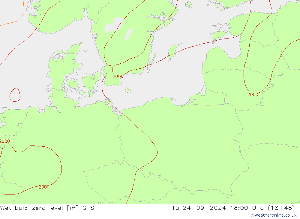 Wet bulb zero level GFS вт 24.09.2024 18 UTC