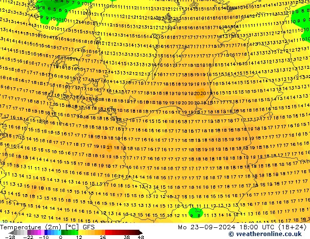 Temperature (2m) GFS Mo 23.09.2024 18 UTC