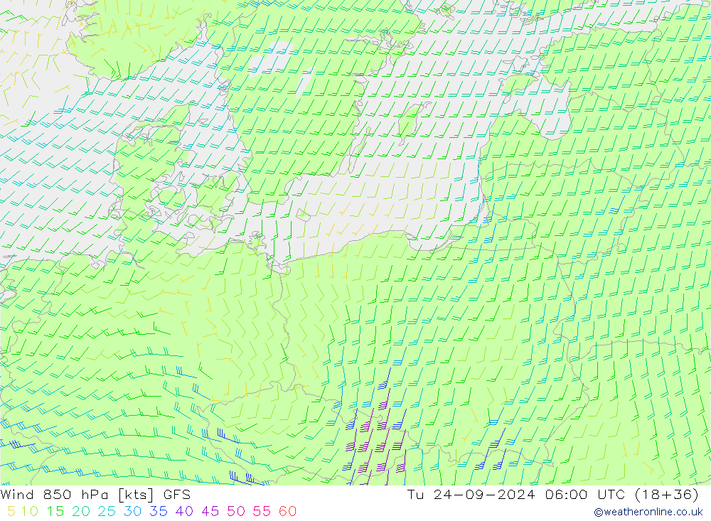 Wind 850 hPa GFS Tu 24.09.2024 06 UTC