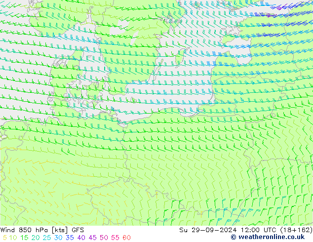 Vento 850 hPa GFS dom 29.09.2024 12 UTC