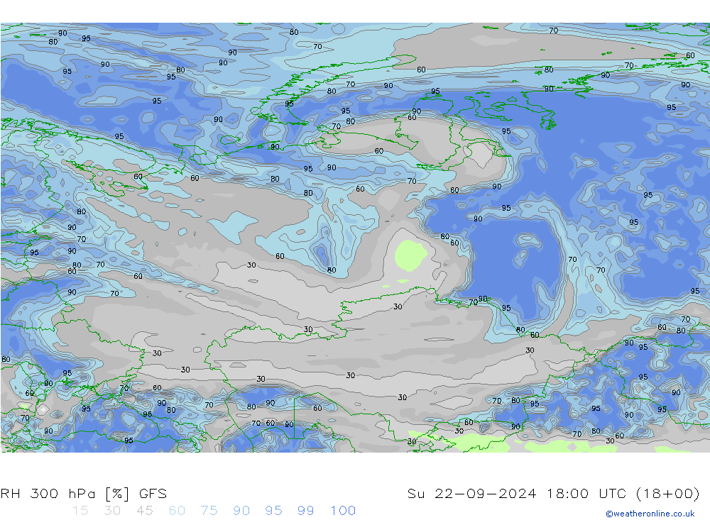 RH 300 гПа GFS Вс 22.09.2024 18 UTC