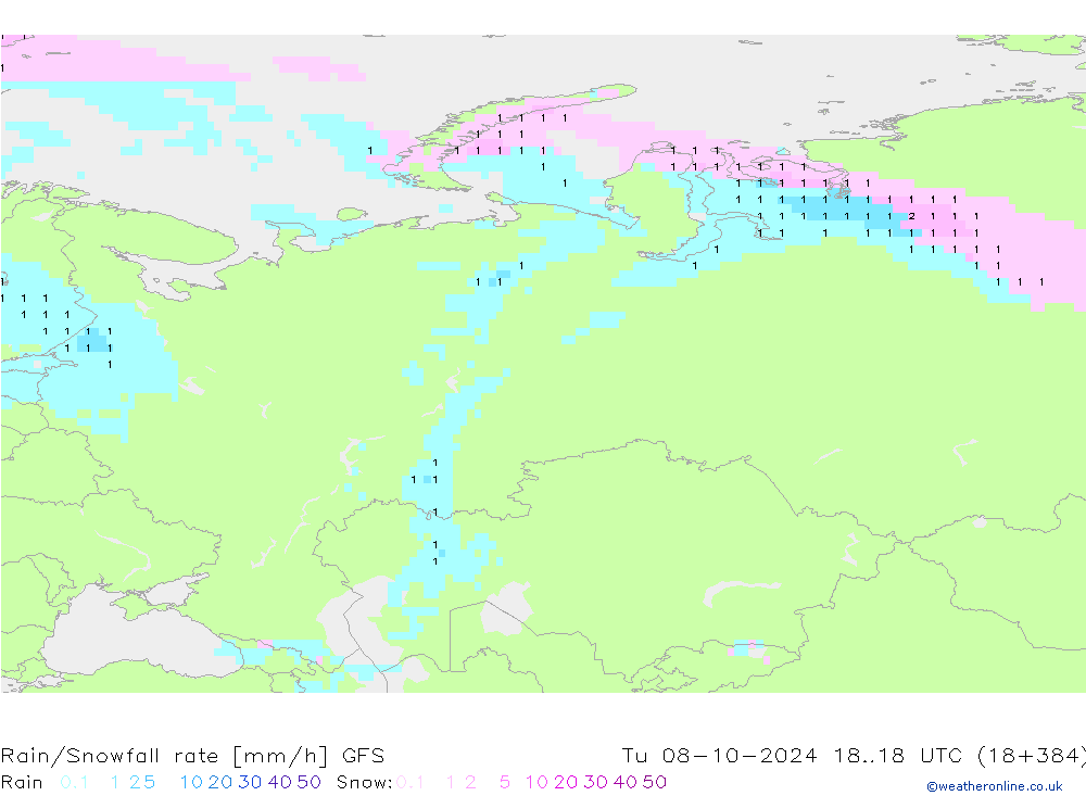 Rain/Snowfall rate GFS mar 08.10.2024 18 UTC