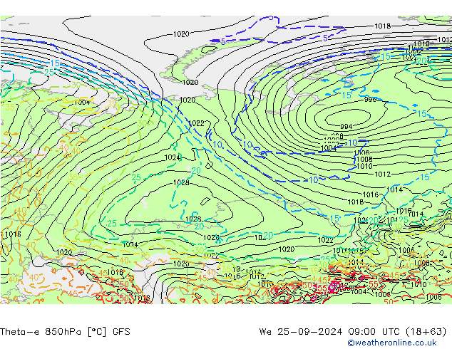 Theta-e 850hPa GFS Mi 25.09.2024 09 UTC