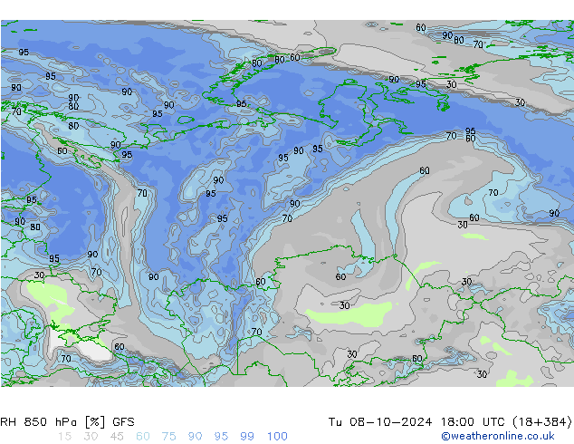 RH 850 hPa GFS Tu 08.10.2024 18 UTC