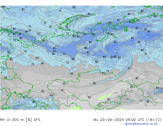 RH 0-300 m GFS Mo 23.09.2024 06 UTC