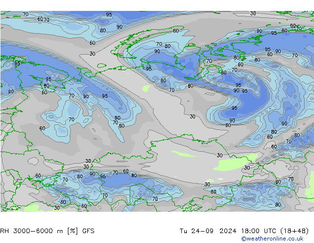 RH 3000-6000 m GFS Tu 24.09.2024 18 UTC