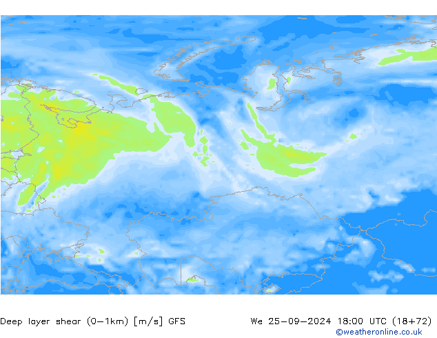 Deep layer shear (0-1km) GFS śro. 25.09.2024 18 UTC