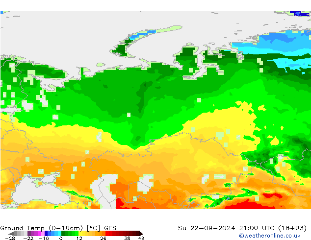 Temp. gruntu (0-10cm) GFS nie. 22.09.2024 21 UTC