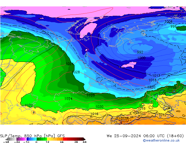 SLP/Temp. 850 гПа GFS ср 25.09.2024 06 UTC