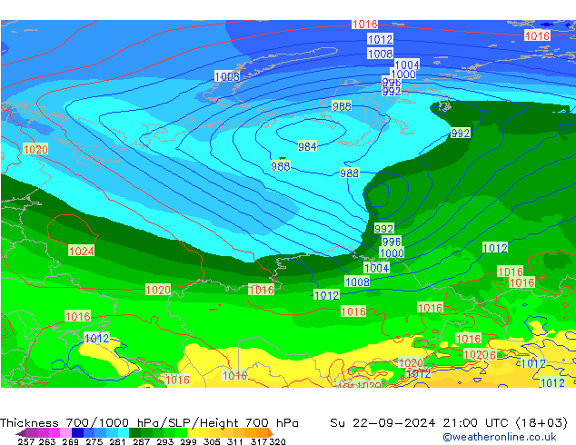 Thck 700-1000 hPa GFS nie. 22.09.2024 21 UTC