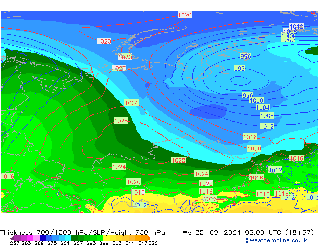 Thck 700-1000 hPa GFS We 25.09.2024 03 UTC