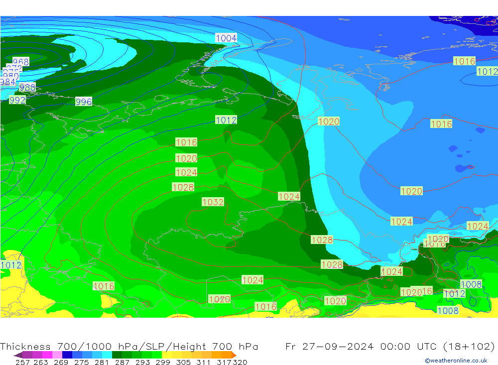 Espesor 700-1000 hPa GFS vie 27.09.2024 00 UTC