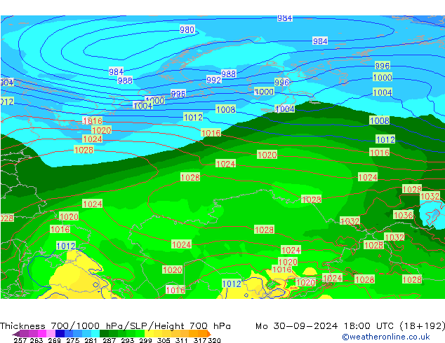 Thck 700-1000 hPa GFS Mo 30.09.2024 18 UTC