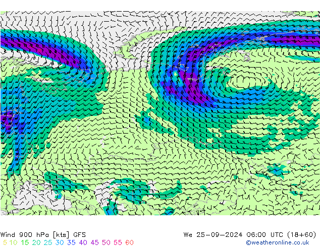 Vento 900 hPa GFS Qua 25.09.2024 06 UTC