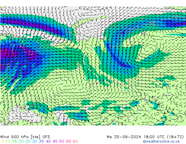 wiatr 900 hPa GFS śro. 25.09.2024 18 UTC