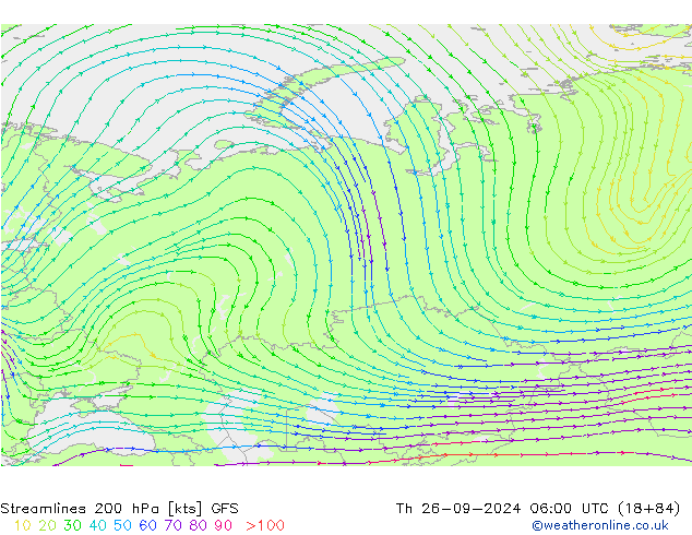 Línea de corriente 200 hPa GFS jue 26.09.2024 06 UTC